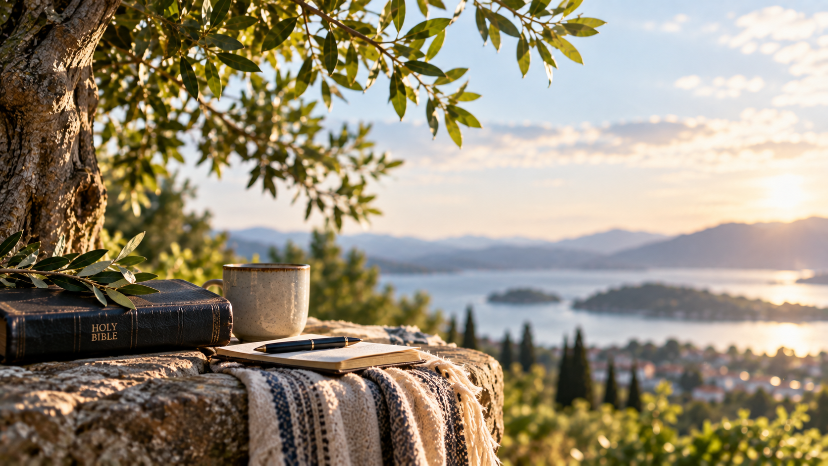 Open Bible in a peaceful landscape, representing the story and purpose of AbideRooted