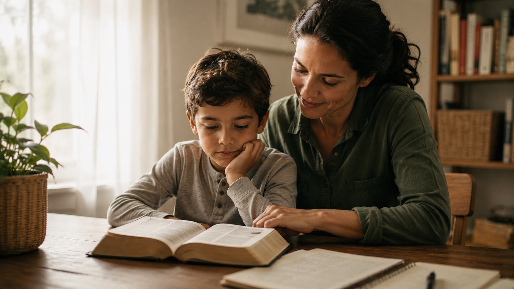 A parent and child reading the Bible together at home