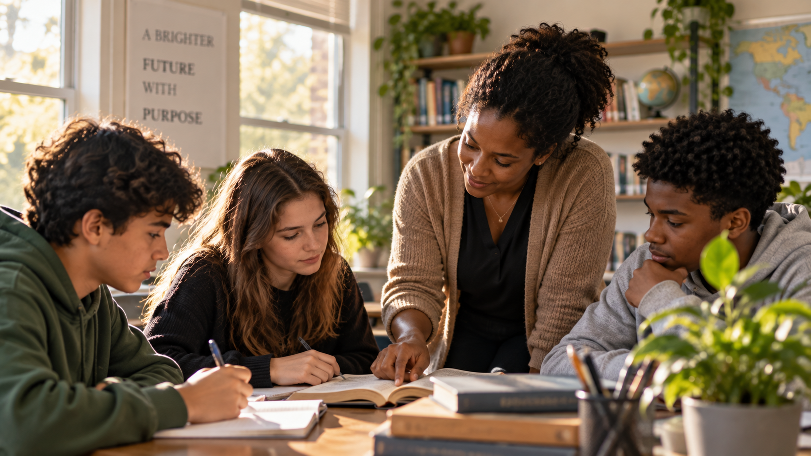 An educator guiding students in a bright classroom