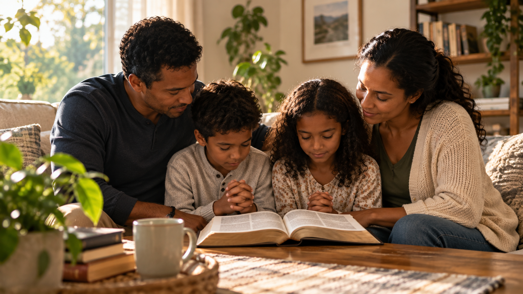 A family gathered around an open Bible in a warm home