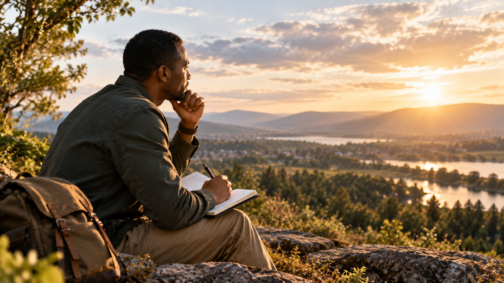 A Christian leader reflecting with an open Bible above a wide landscape