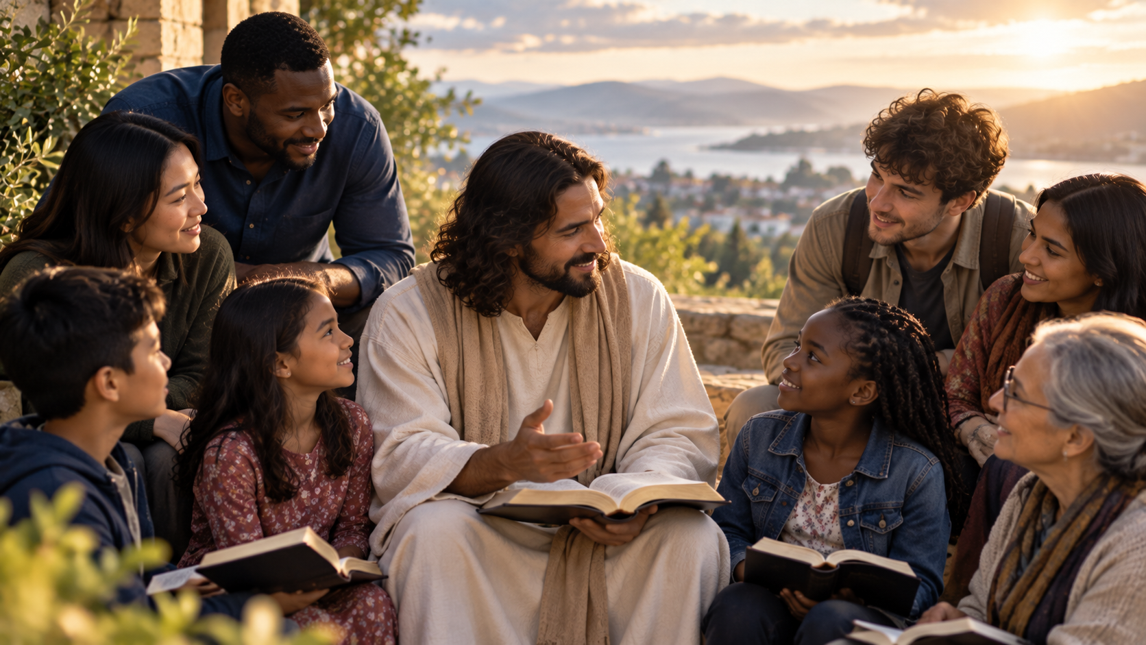 Jesus teaching a diverse group outdoors, representing the mission of AbideRooted