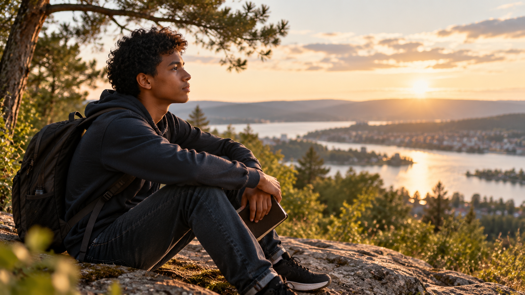 A young person reflecting in the light of sunset, representing resilient faith